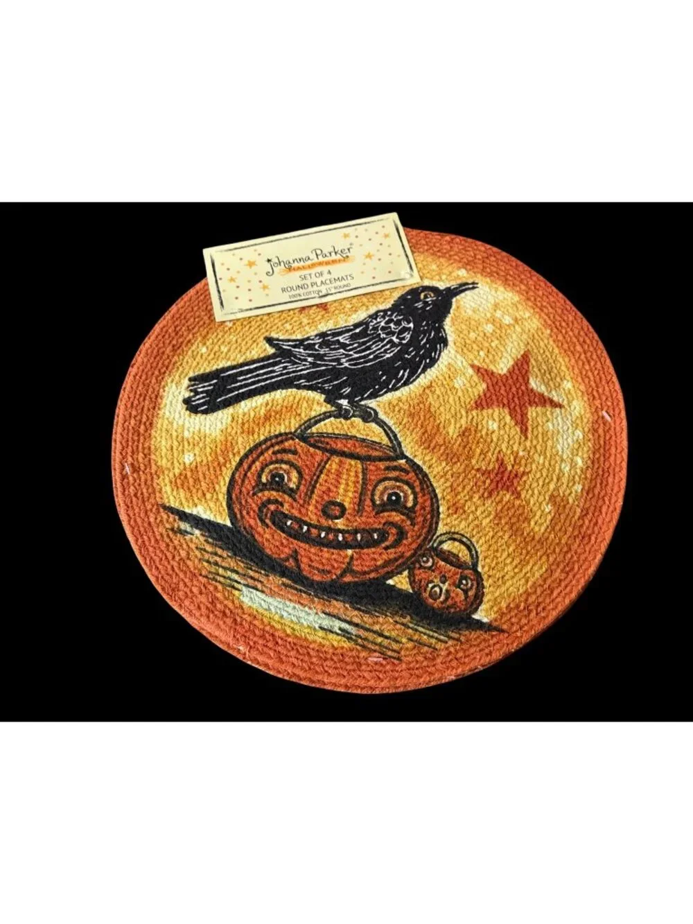 NWT 4 Johanna Parker Halloween Round Placemats Braided Cotton Fall  Pumpkin Crow
